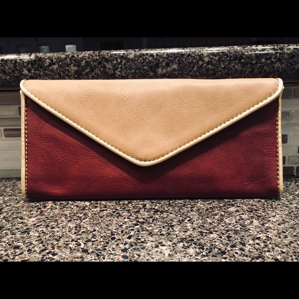 Burgundy and Camel Envelope Clutch